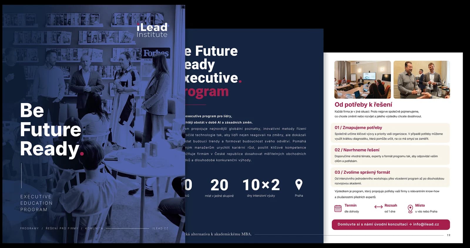 Brožura iLead Institute — obálka a ukázky stran o programu Be Future Ready Executive a o kurzech na míru